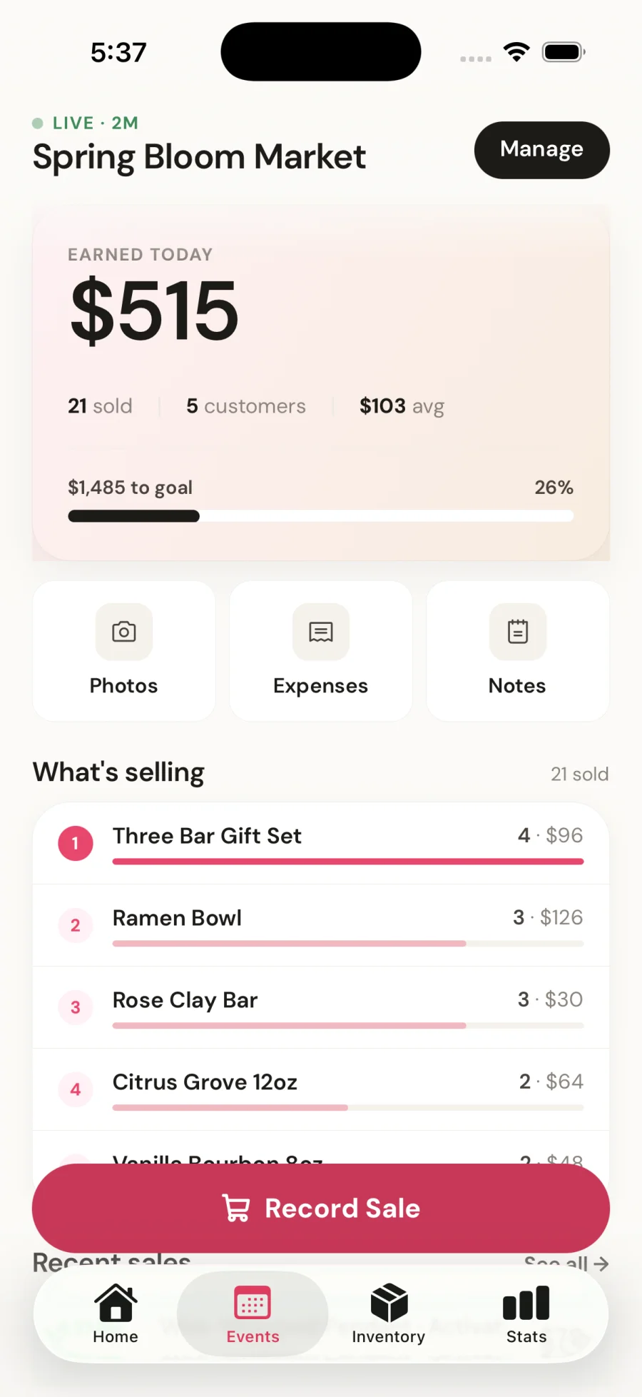 Velsy live event screen for Spring Bloom Market showing $515 earned today, 21 sold, what's selling, and a Record Sale button